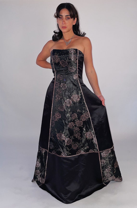 Vintage Y2K 'Jessica McClintock' Metallic Rose Black Goth Prom Dress