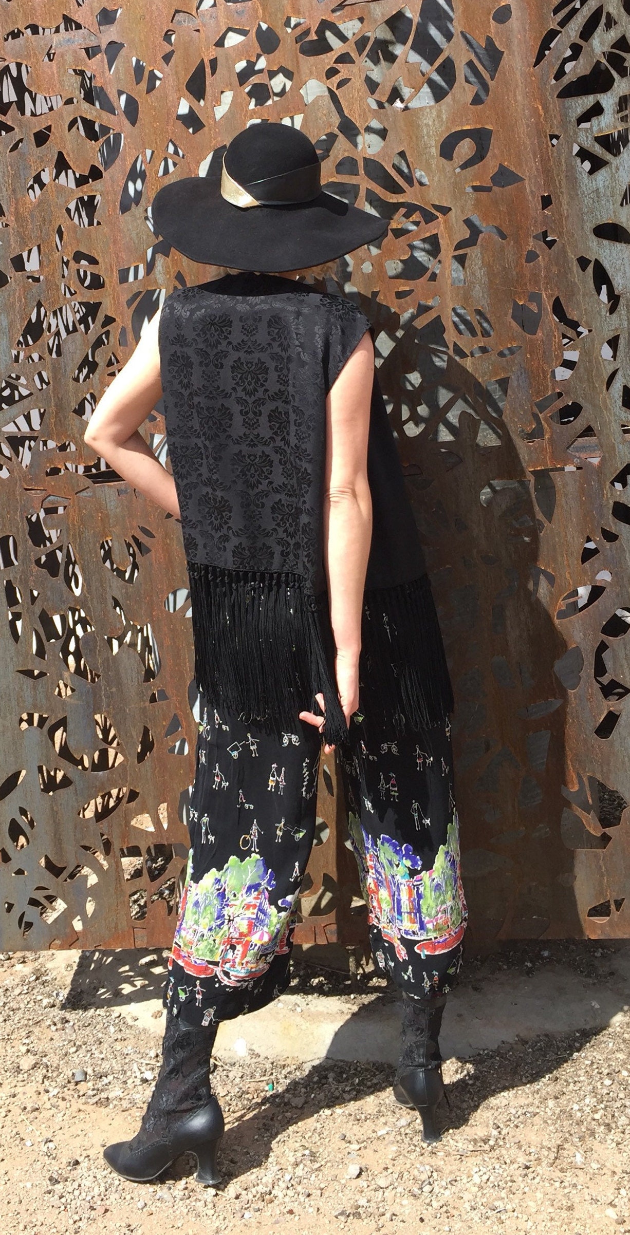 Kathy D. Black Fringe Western Dress Double D Festival Boho Tassel