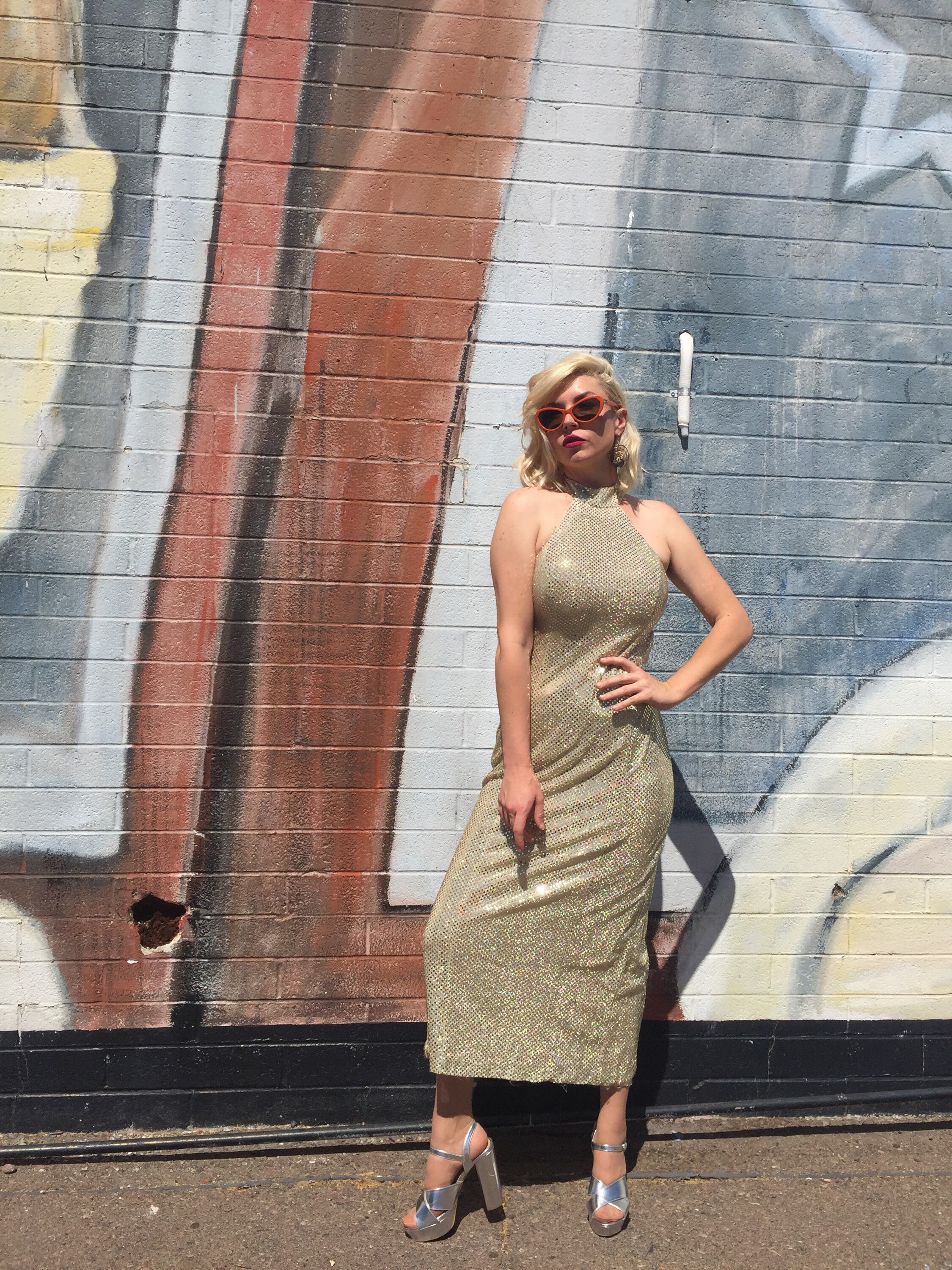 Vintage 'BariJay' Gold Disco Ball Dress Metallic Sequined Slit