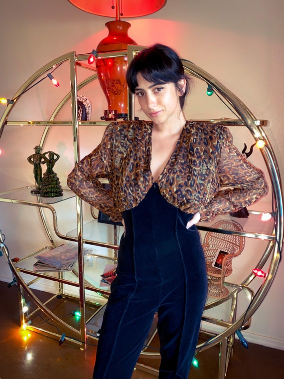 Vintage 90's Sexy 'PG COLLECTION' Black Velvet and Cheetah Print Catsuit Jumpsuit