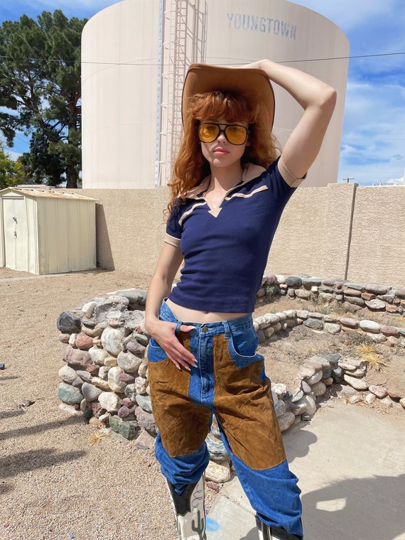 Vintage 1970's Western Navy Blue and Tan Cute n' Sexy Kennington Baby Tee