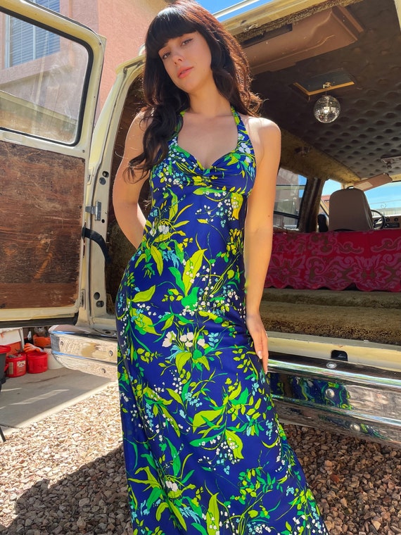 Vintage 70's Vibrant Green and Blue Disco Plant Halter Dress