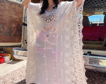 Vintage Bohemian Crotchet Knit Sheer Cream White Kaftan Dress