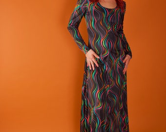 Vintage 1970's Trippy Black and Rainbow Swirl Disco Dress