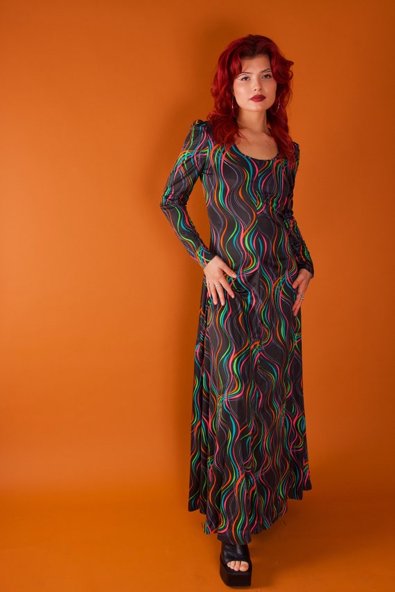 Vintage 1970's Trippy Black and Rainbow Swirl Disco Dress