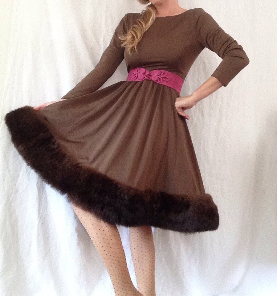 Vintage Romantica by Victor Costa Dress Brown Fur Trim Old