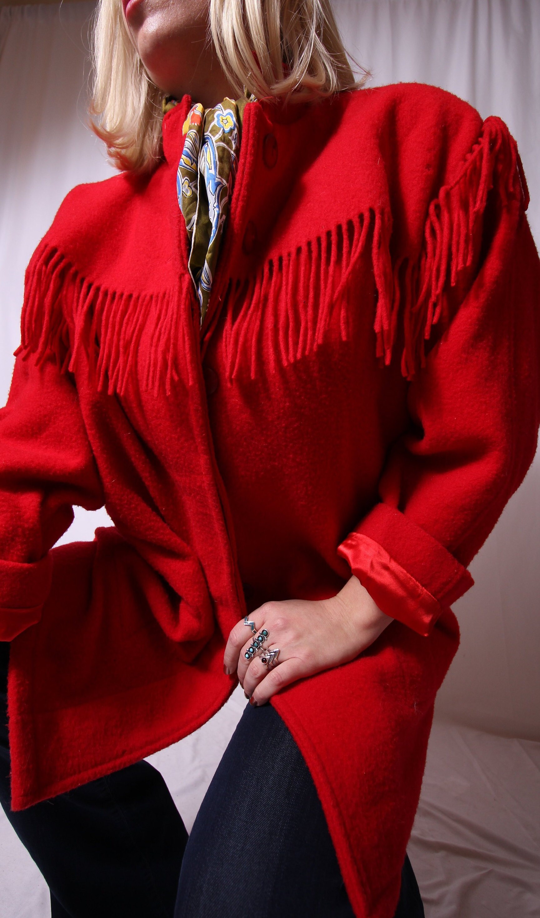 Vintage 'Woolrich' Red Wool Fringe Jacket Winter Coat Boho Festival