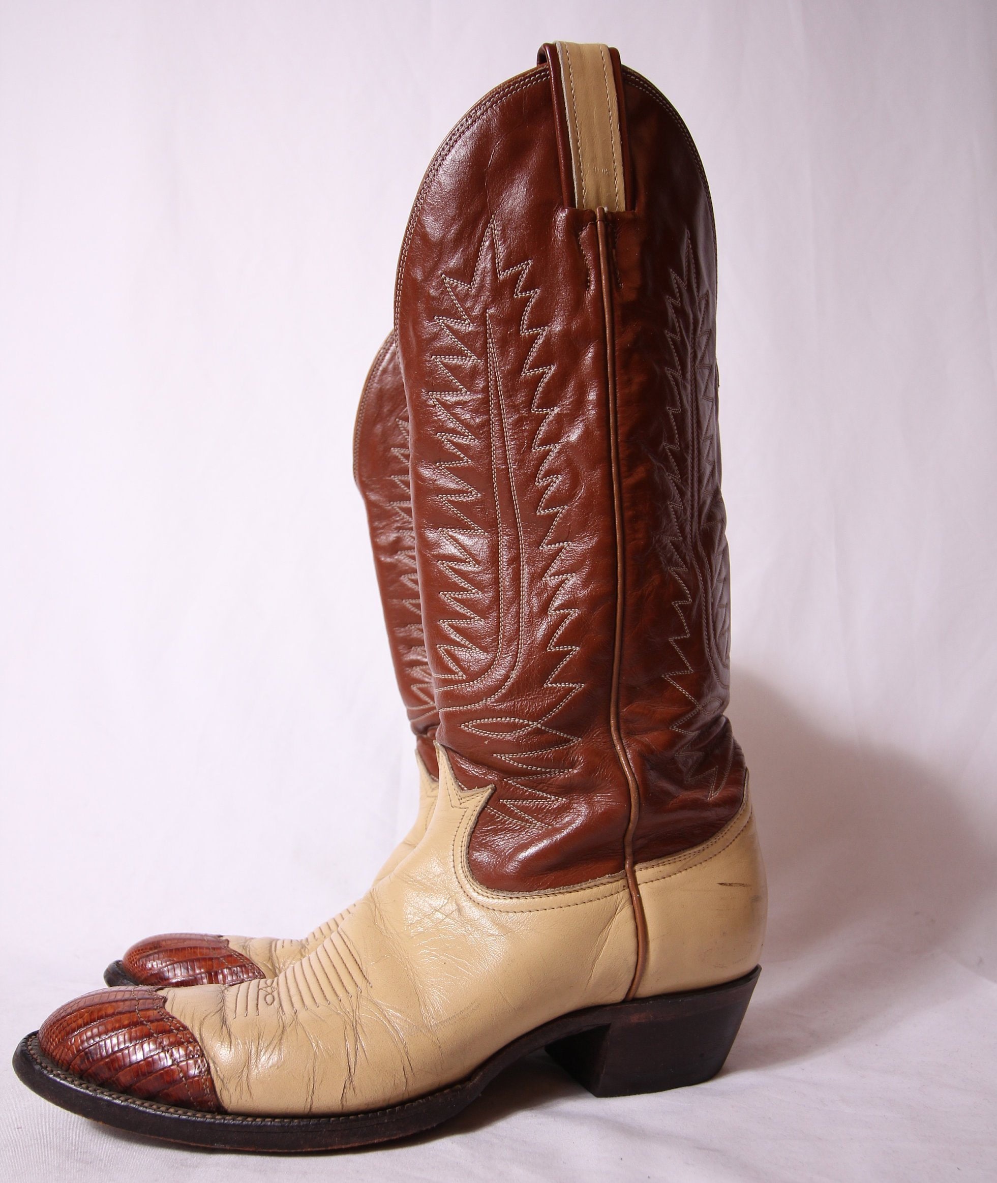 Vintage Men's 'Tony Lama' Cowboy Boot Two Tone Cream and Chestnut
