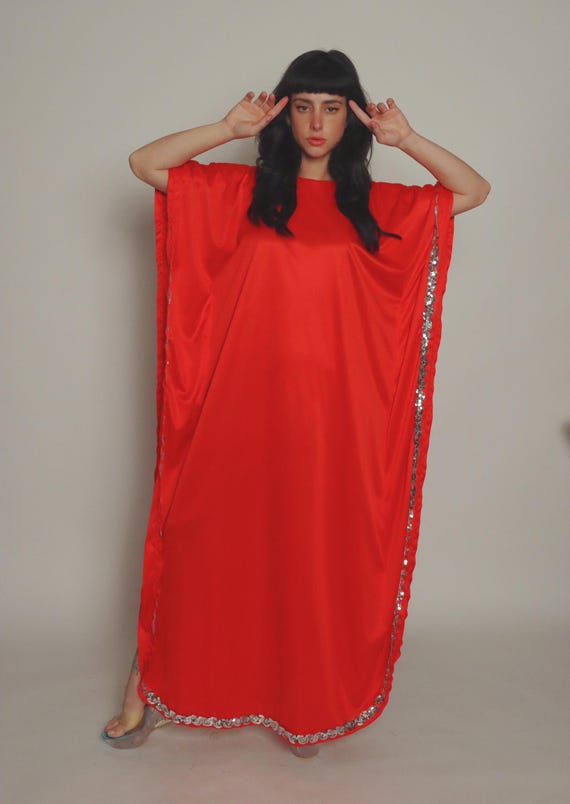 Vintage Red W/ Silver Sequin Dramatic Batwing Kaftan Dress