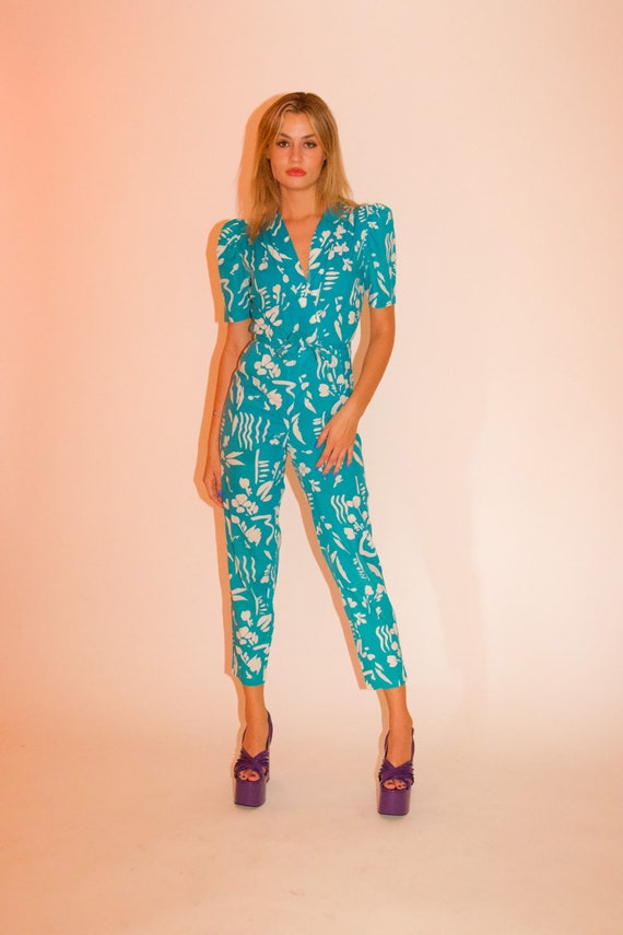 Vintage 'Especially Yours' 80's Teal and White Funky Abstract Summer Jumpsuit