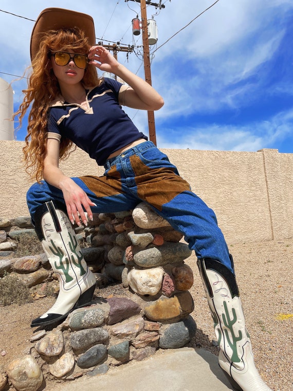 Vintage 90's Western Inspired Faux Chaps Blue Jeans With Brown Suede Patchwork