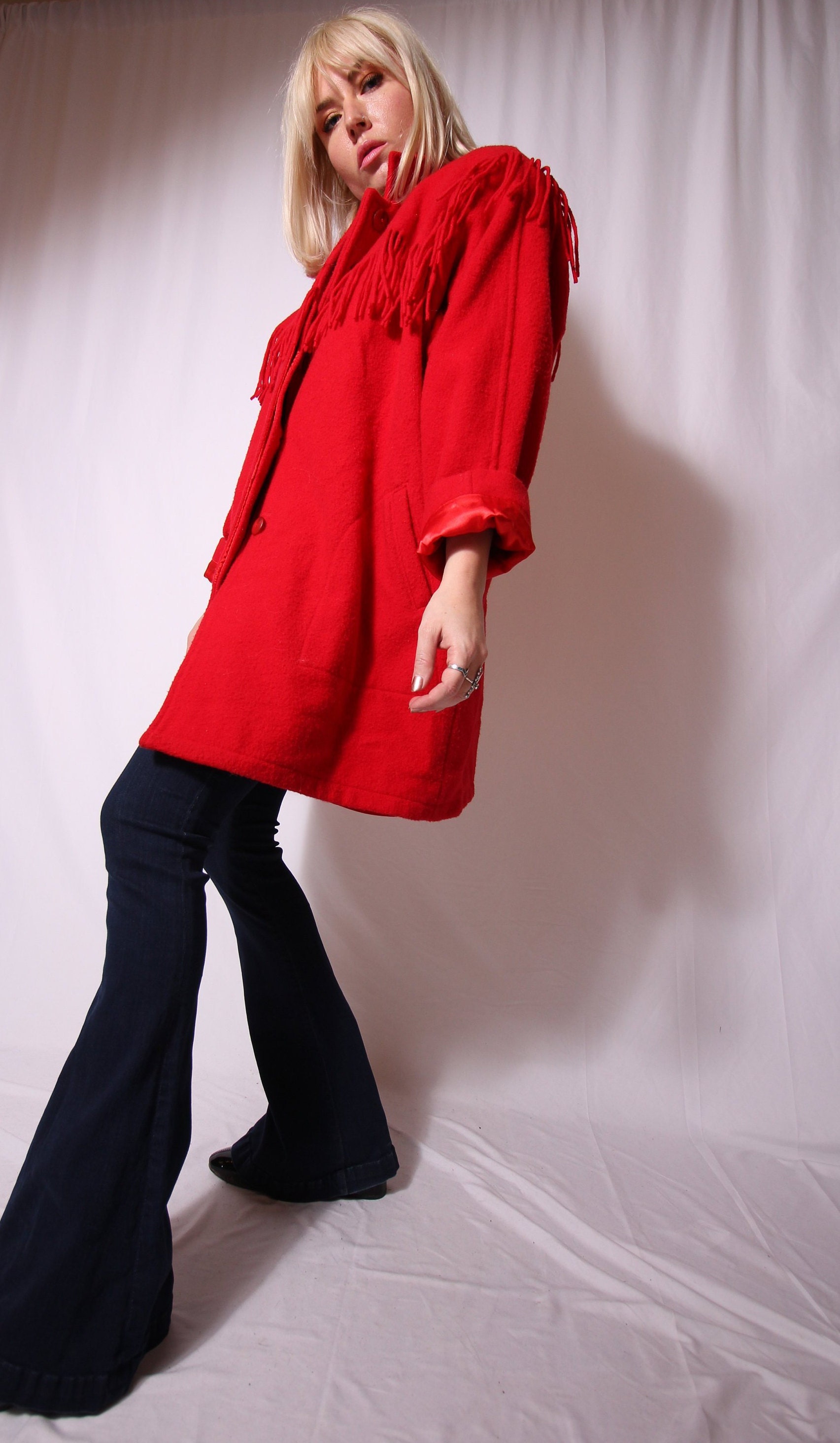 Vintage 'Woolrich' Red Wool Fringe Jacket Winter Coat Boho Festival