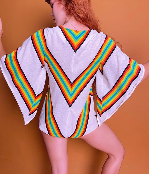 Vintage 1970's Rainbow Angel Sleeve Tunic Ultra Mini Dress