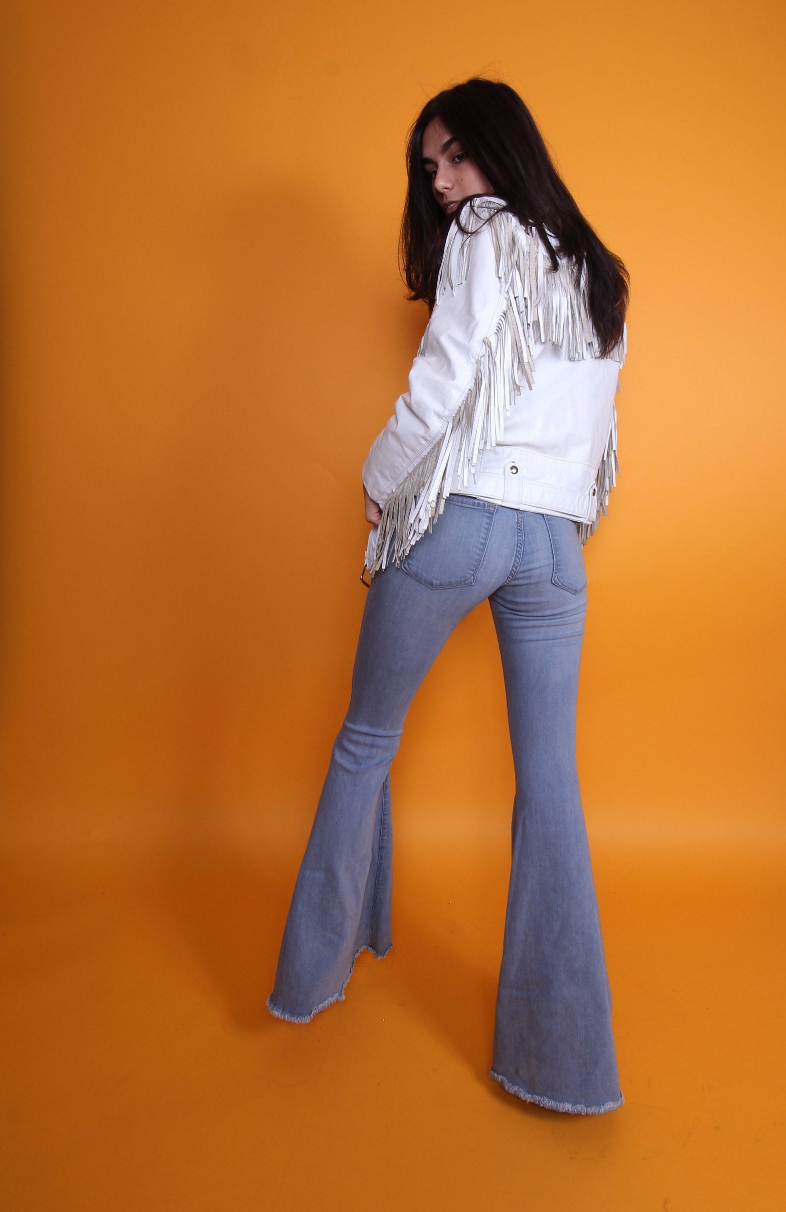 Vintage 'Excelled' Made in USA White Leather Fringe Jacket Western