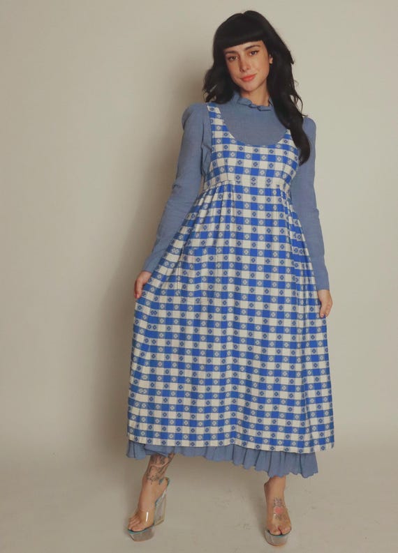 Vintage 60's Cornflower Blue and White Apron Prairie Country Dress