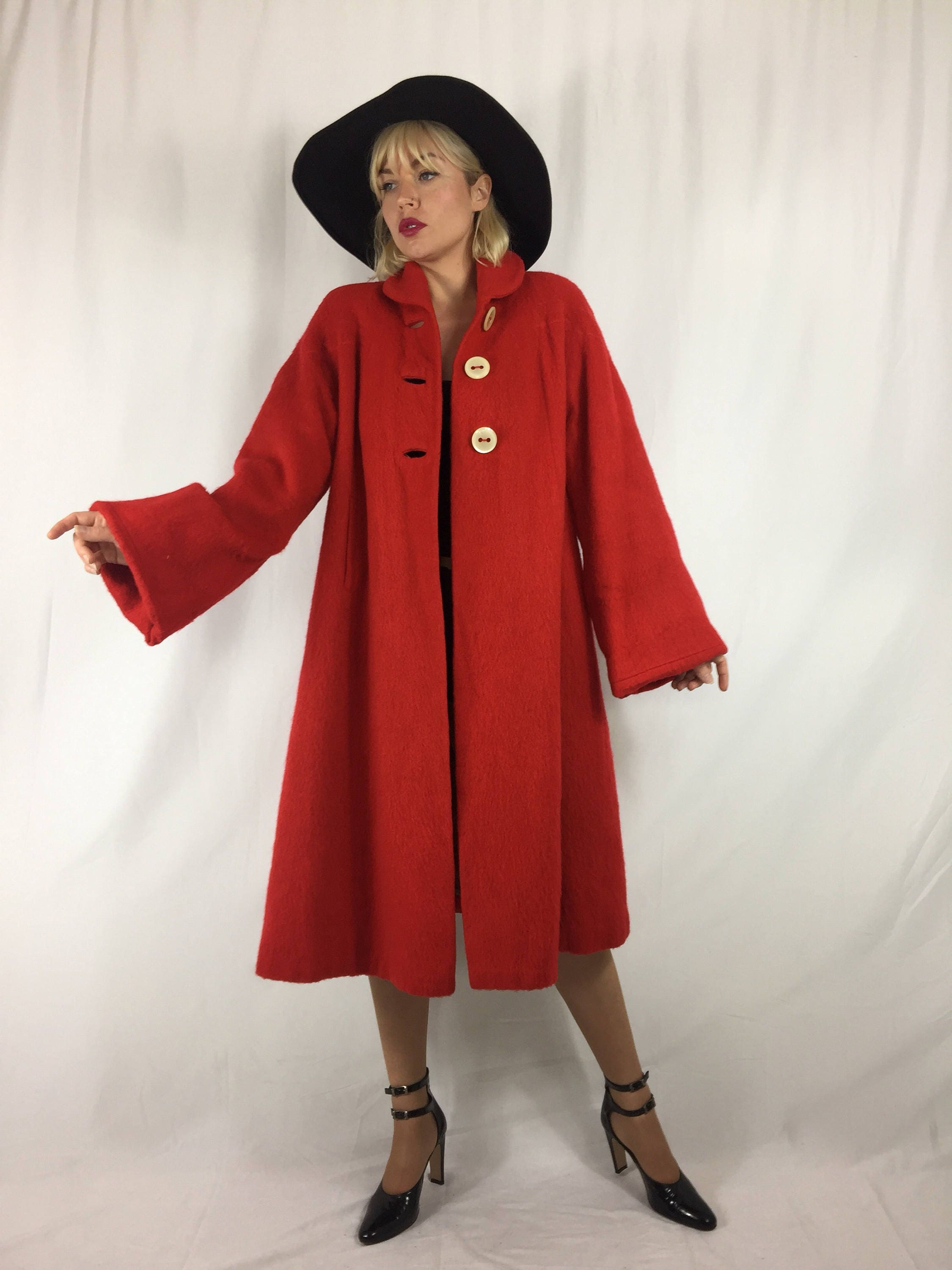 Vintage 1940's50's Cashmere Red Coat Oversized Retro Classic
