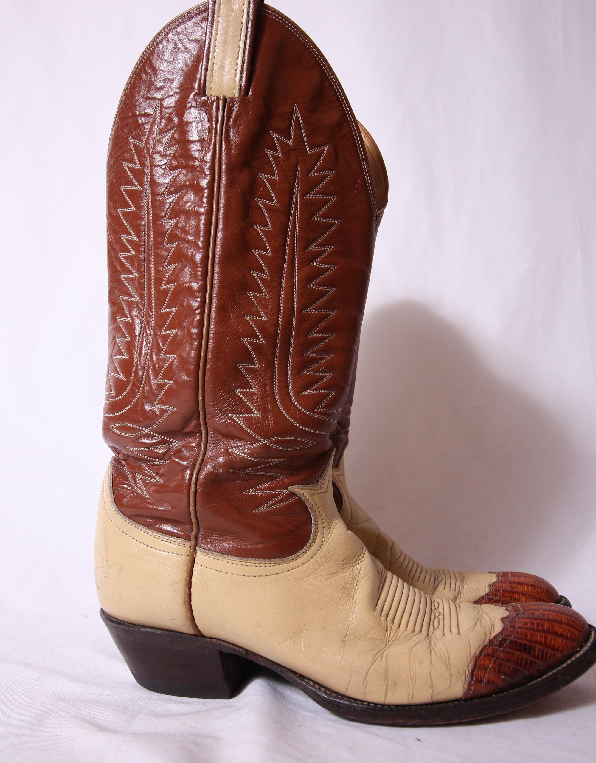 Vintage Men's 'Tony Lama' Cowboy Boot Two Tone Cream and Chestnut