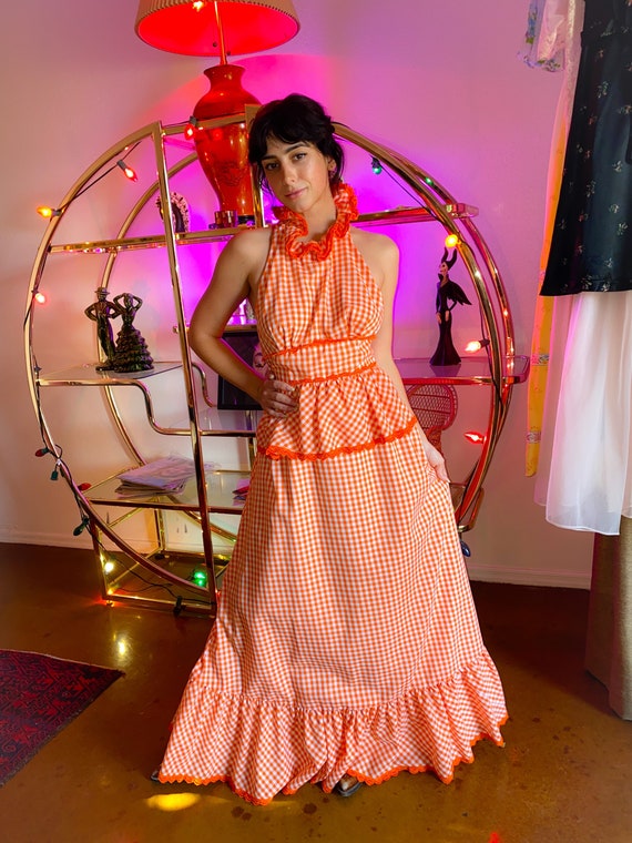 Vintage 1960' 'S. Howard Hirsh' Country Girl Orange and White Gingham Halter Dress