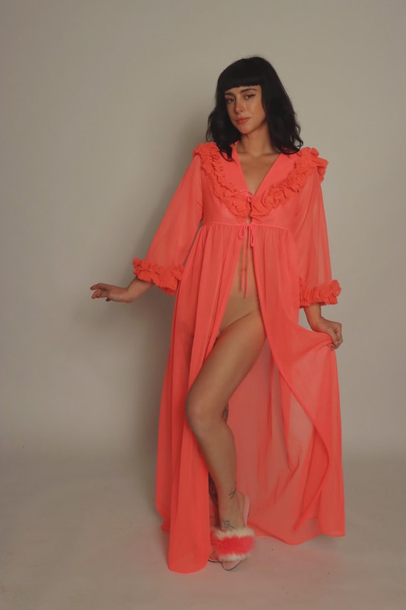 Vintage 60's Coral Orange Chiffon Sheer Ruffled Bell Sleeve Lingerie Duster