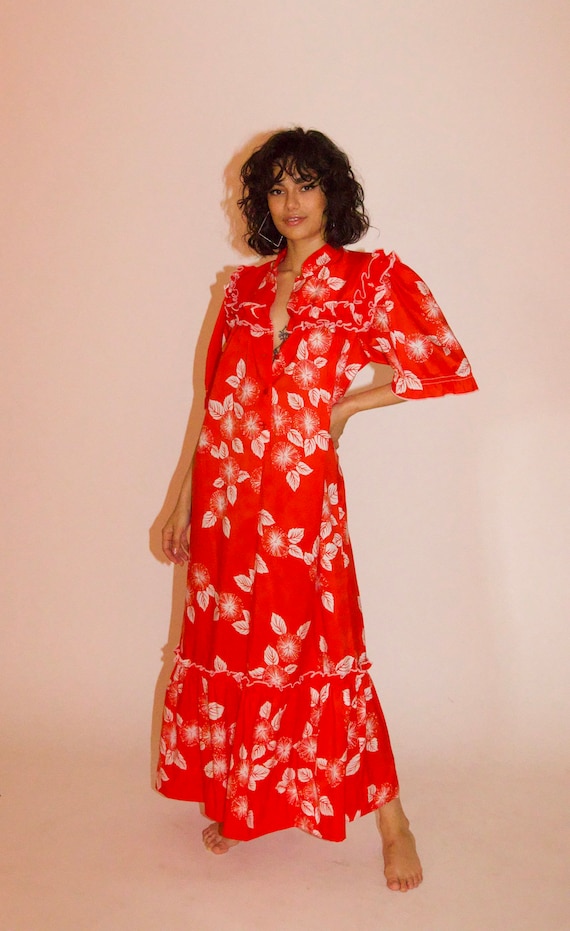 Vintage 70's Red and White Tropical Hawaiian Kaftan Dress