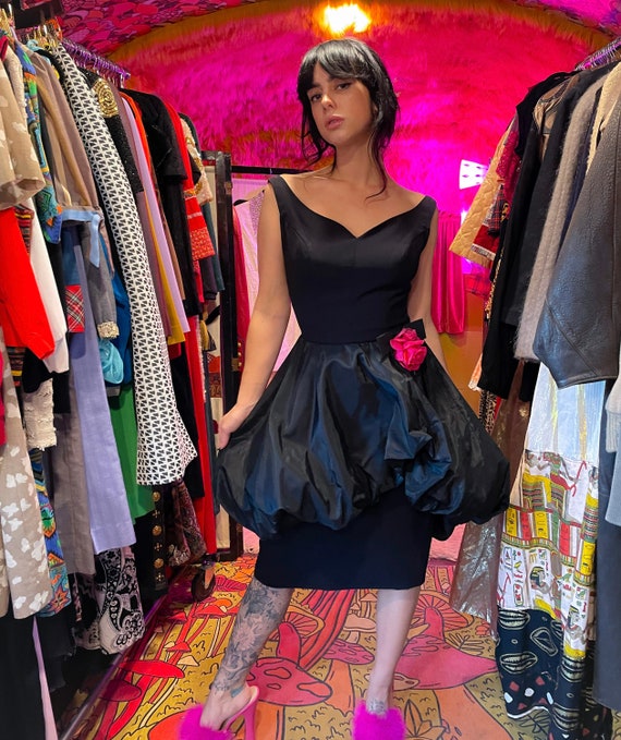 Vintage 1960's Fun and Unique Black Peplum Dress With Rose