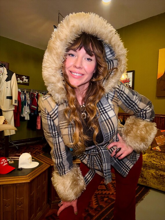 60’s Plush Shearling Neutral Plaid Penny Lane Coat