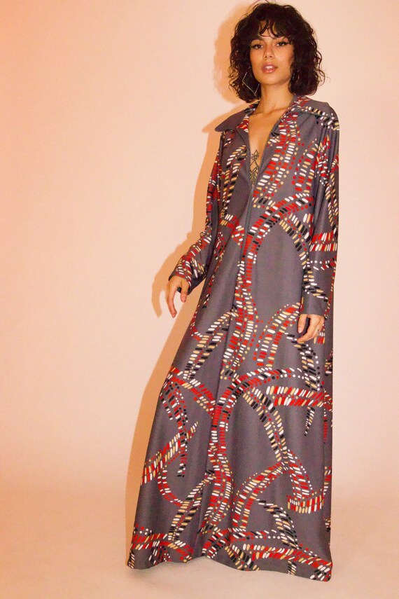 Vintage 1970's Gunmetal Grey Psychedelic Kaftan Dress