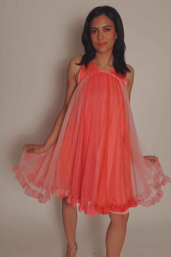Vintage 1960's Pink and Red Rainbow Chiffon Full Dress or Nightgown