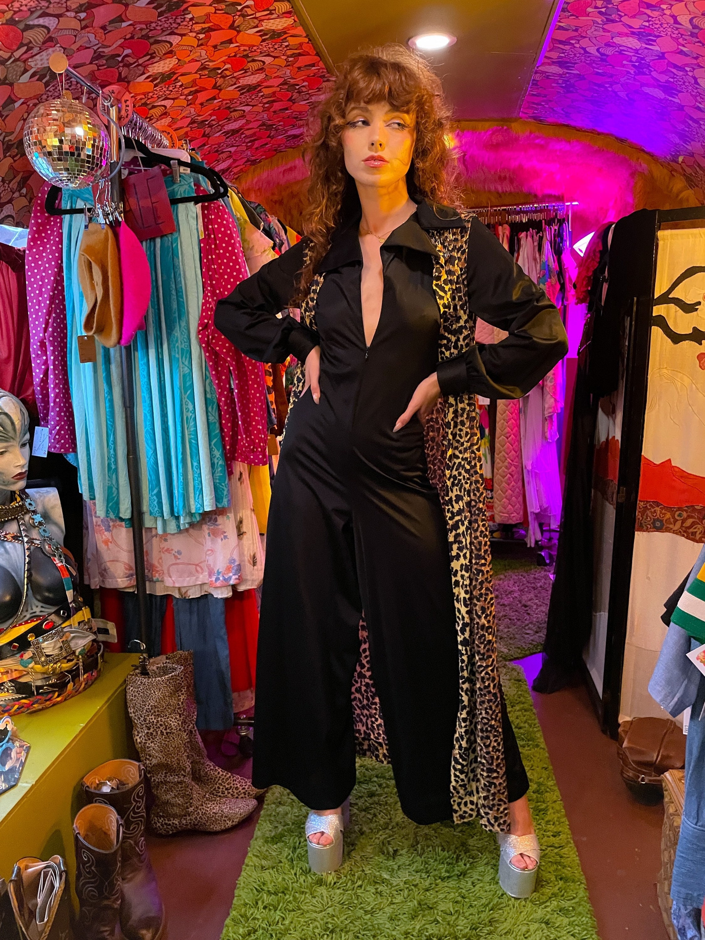Vintage 1970's 'Le Boys' Disco Black Jumpsuit W/ Cheetah Duster Jacket