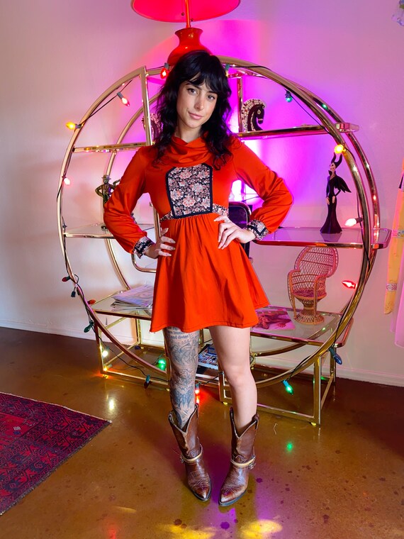 Vintage 1970's Burnt Orange Boho Floral Disco Babe Mini Dress