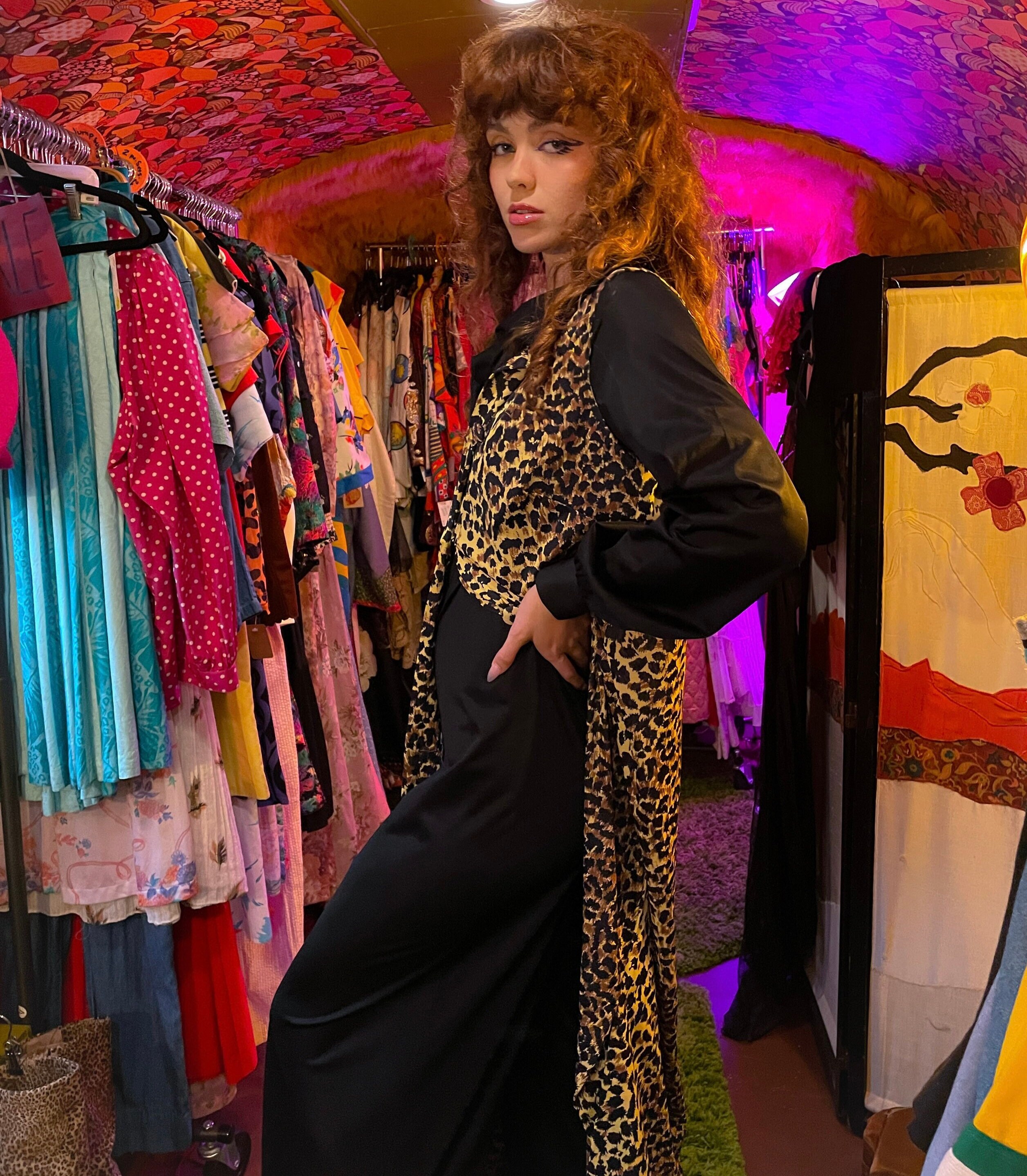 Vintage 1970's 'Le Boys' Disco Black Jumpsuit W/ Cheetah Duster Jacket