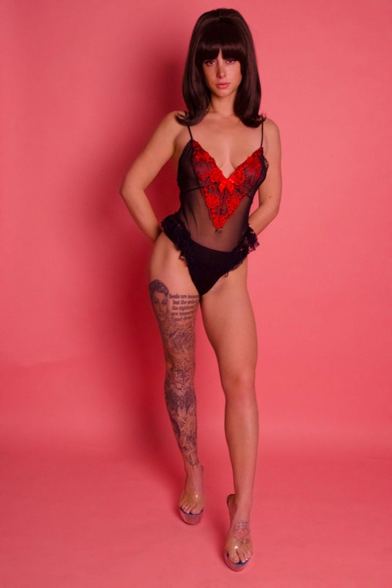 Vintage Sexy Fully Sheer Black Bodysuit W/ Red Lace and Bow
