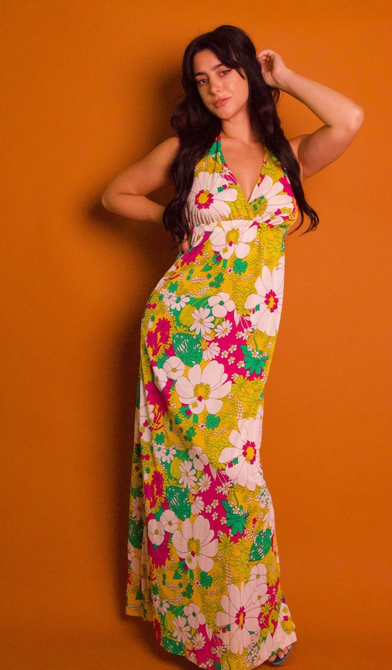 Vintage 1960's Colorful Psychedelic Flower Halter Dress