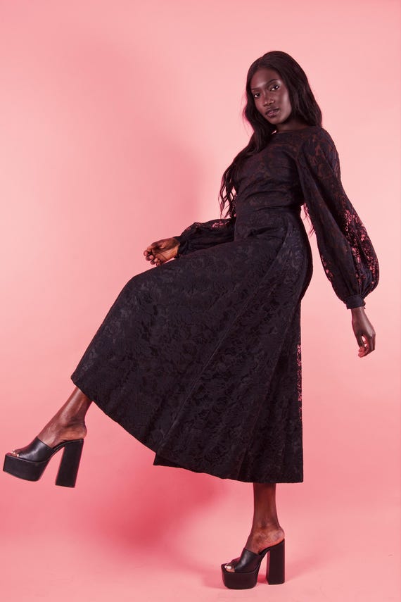 Vintage 1960's Black Lace Wide Leg Balloon Sleeve Jumpsuit