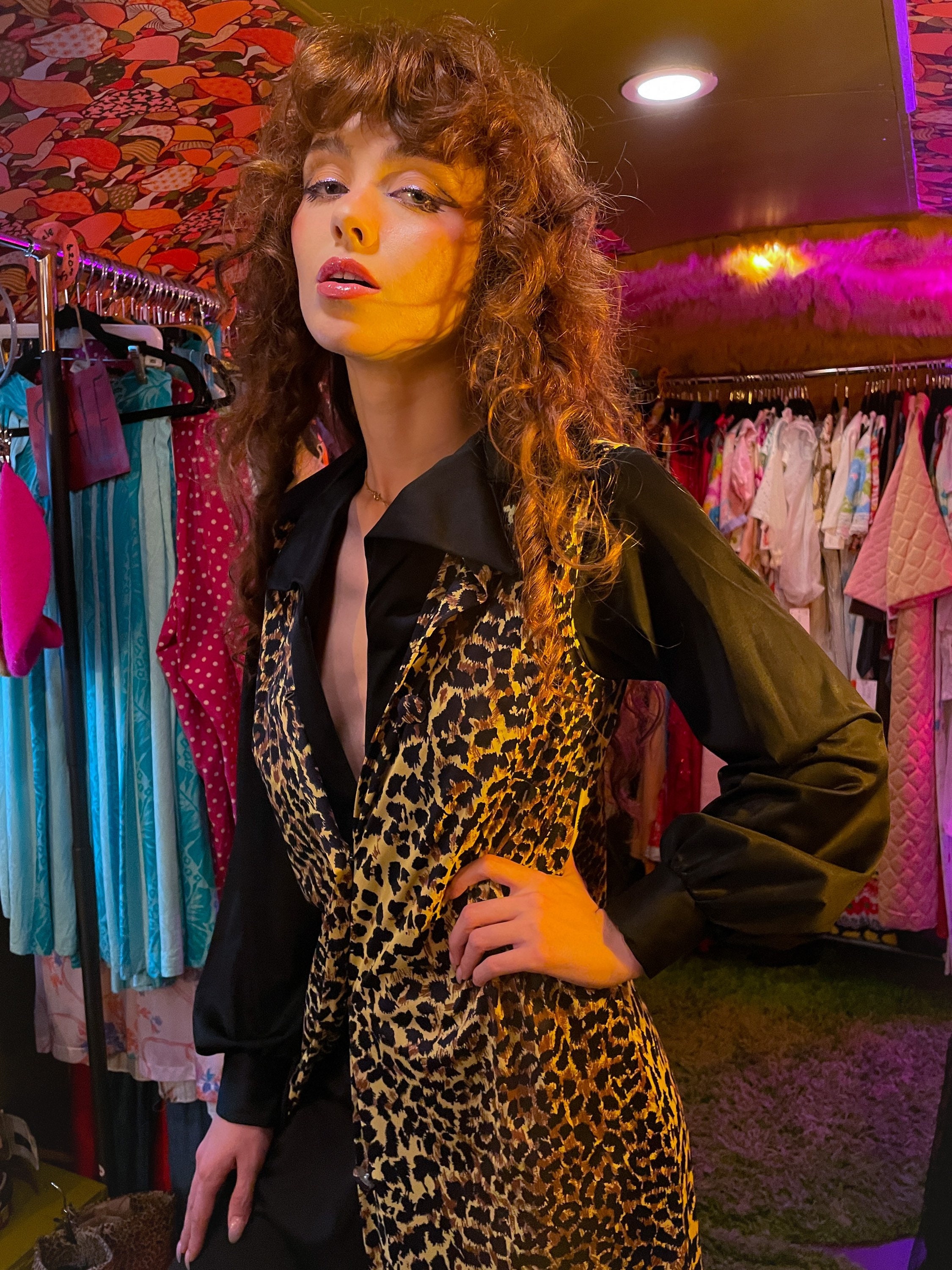 Vintage 1970's 'Le Boys' Disco Black Jumpsuit W/ Cheetah Duster Jacket