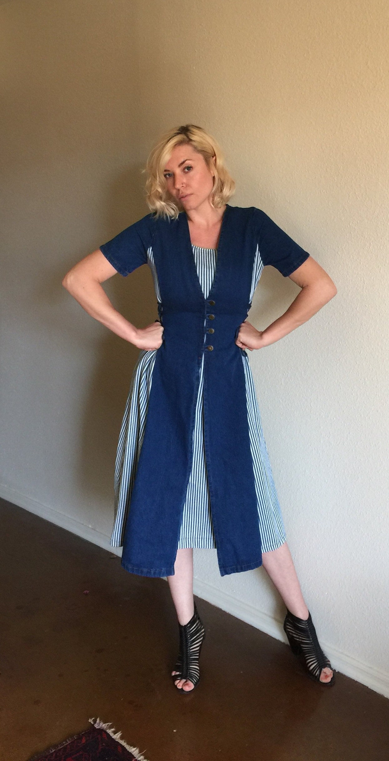 Vintage 'Rama' Farm Girl Jean Corset Jean Dress | Striped | Denim | Country Bumpkin | Boho 