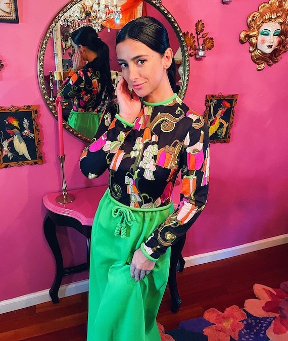 Vintage Psychedelic 60's Rainbow and Green Tulip Dress W/ Tassel Tie