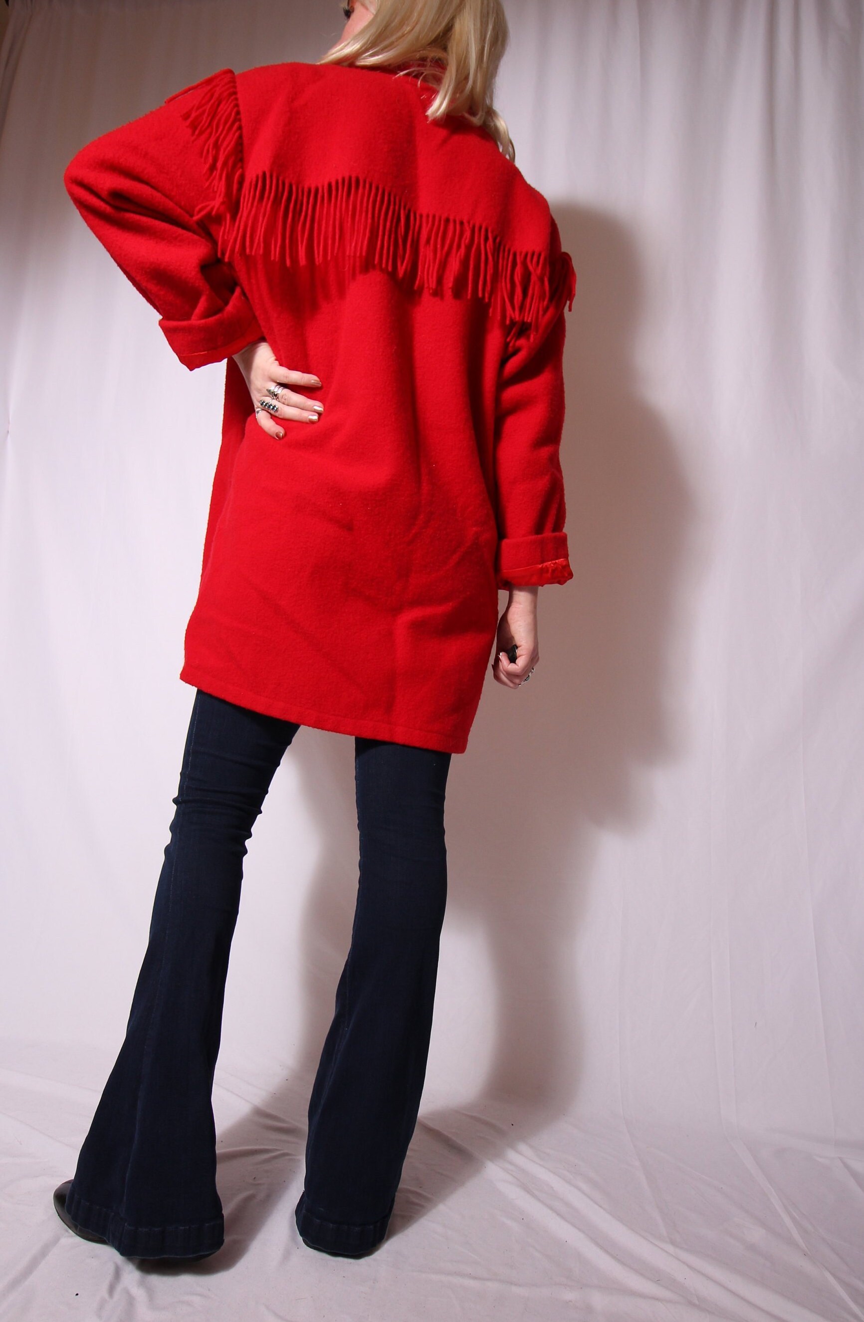 Vintage 'Woolrich' Red Wool Fringe Jacket Winter Coat Boho Festival