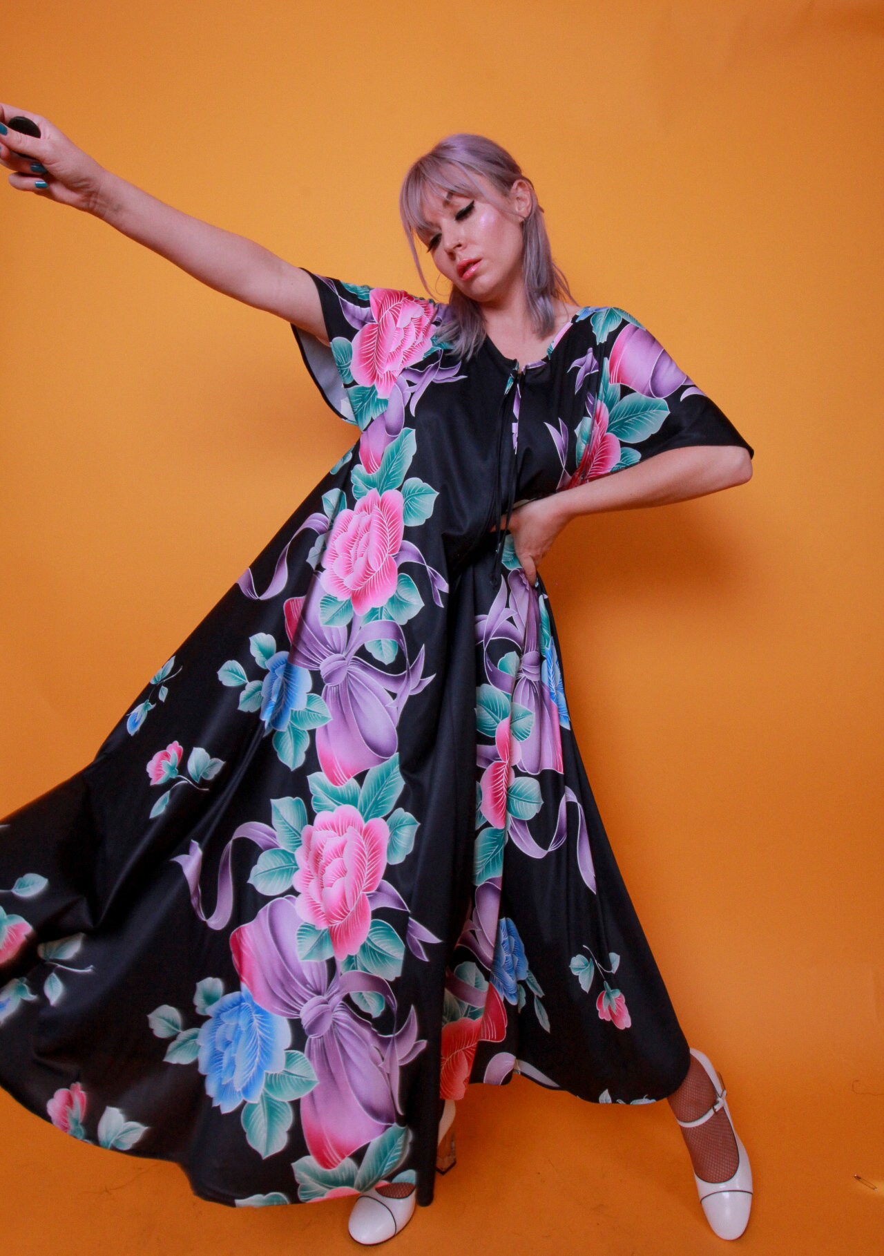 Vintage Romans Black and Bright Flower House Dress Kaftan Moo Moo Flowy Festival Summer