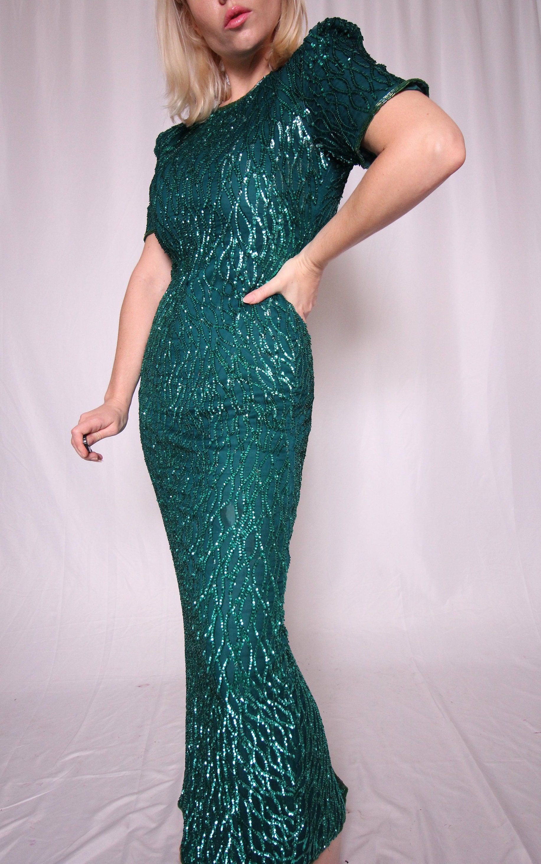 Vintage 'Lawrence Kazar' Emerald Green Sequin Dress | Performer | Shiny ...