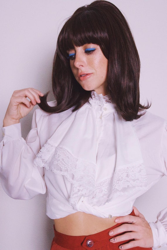 Vintage Classic White Blouse With Collar and Bib Ruffle Front
