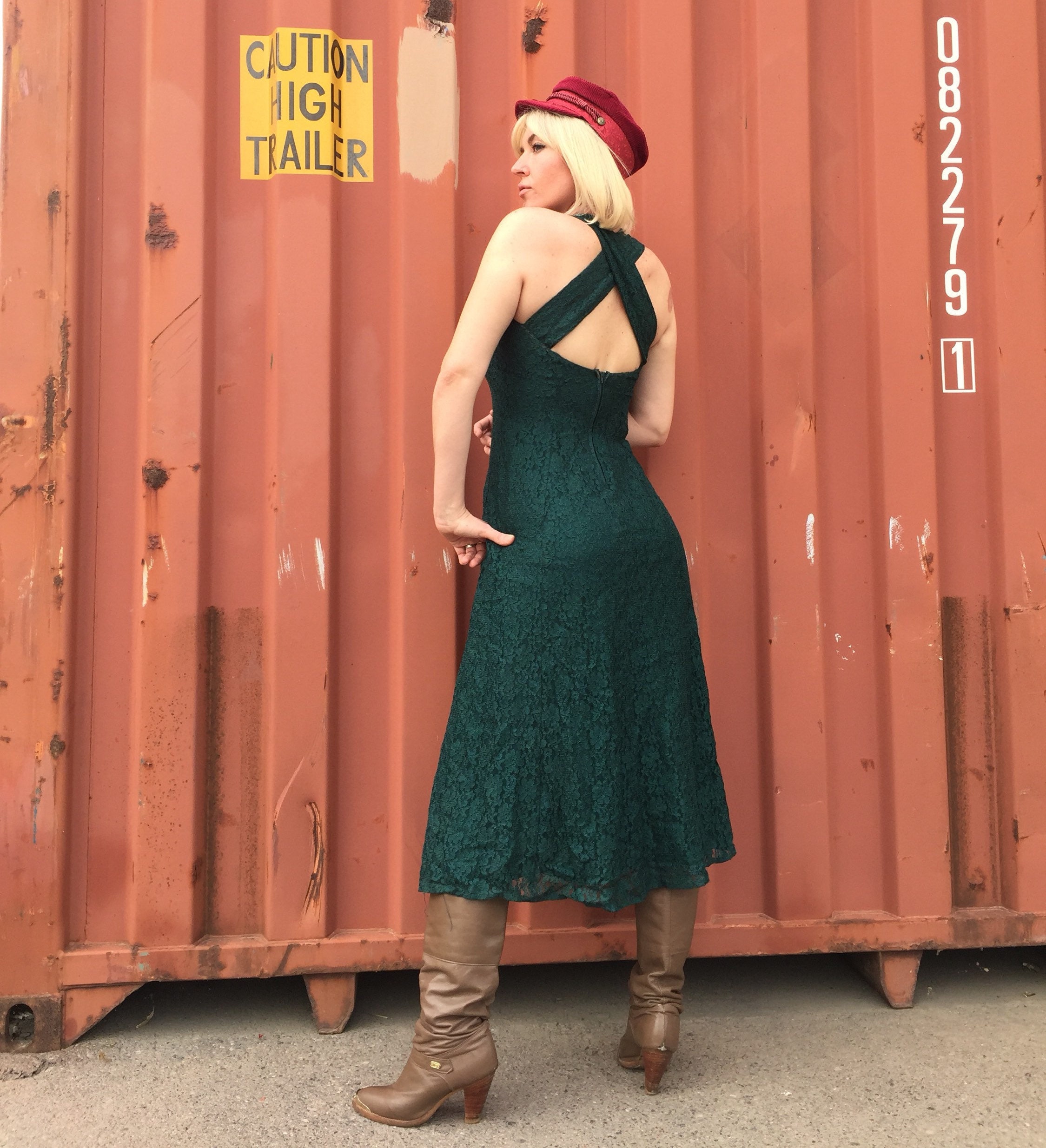 Vintage 'All That Jazz' Green Lace Backless Dress Criss Cross Straps