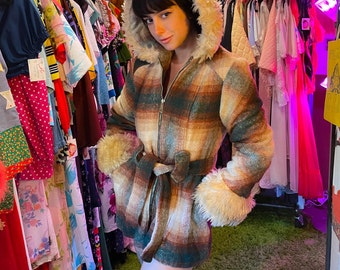 Vintage Plaid Penny Lane Shearling Large Hood Jacket