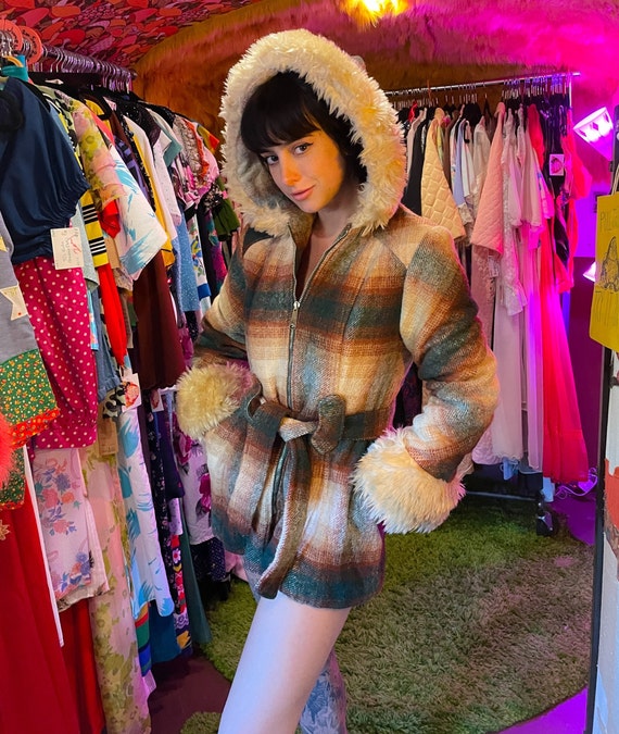 Vintage Plaid Penny Lane Shearling Large Hood Jacket