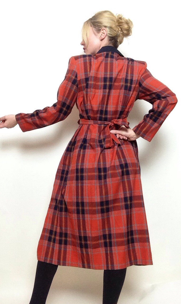 Vintage Halmode Orange Plaid Dress Jacket | Flannel | Holiday | Duster | Button Up | Long | Collard