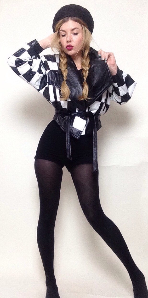 leather jacket with checkered sleeves