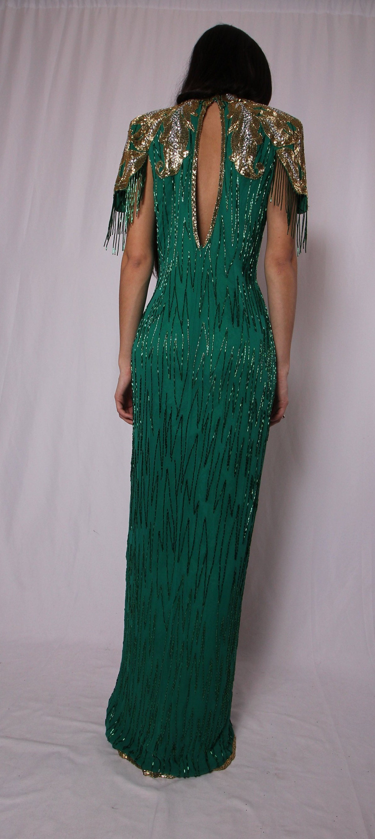 Vintage Green Silk and Gold Beaded Art Deco Dress Formal Chandelier
