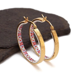 Hoop earrings, Portugal Tiles, red azulejo, Gold stainless steel, Bohemian Hoops, Christmas gifts for women