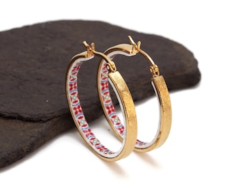 Hoop earrings, Portugal Tiles, red azulejo, Gold stainless steel, Bohemian Hoops, Christmas gifts for women