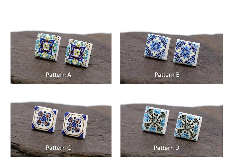 anniversary gifts for women Square stud earrings portuguese blue tile earrings casual ceramic earrings